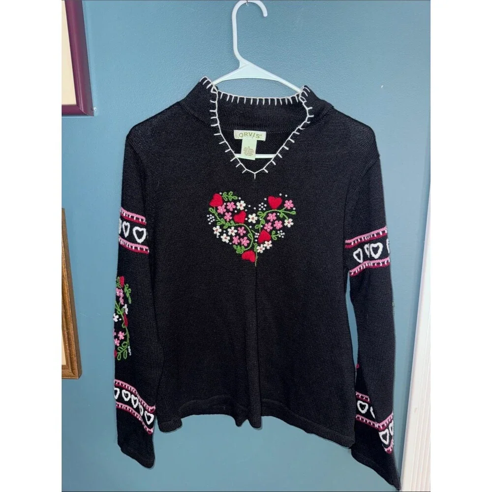 Vintage Orvis Black V-Neck Sweater with Pink, Red & Green Floral Heart